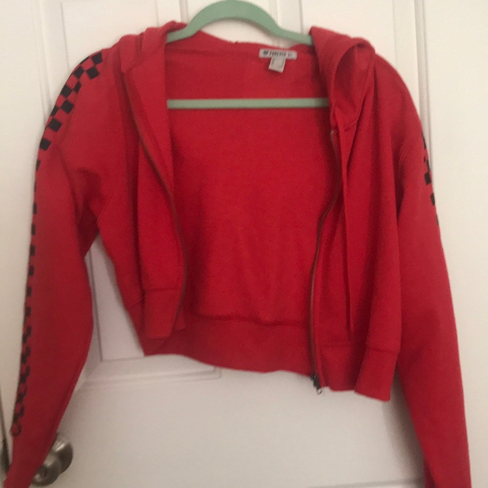 Red crop jacket with checker sleeves